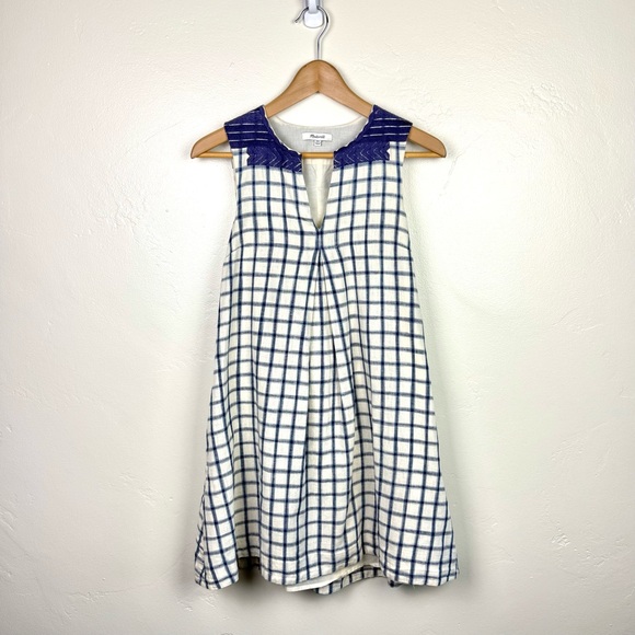 Madewell Dresses & Skirts - Madewell Blue White Linen Blend Plaid Shift Dress Embroidered Neck